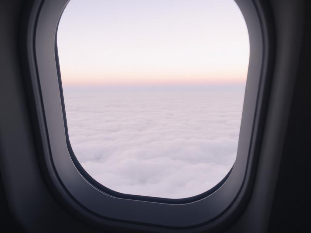 Airplane window over clouds